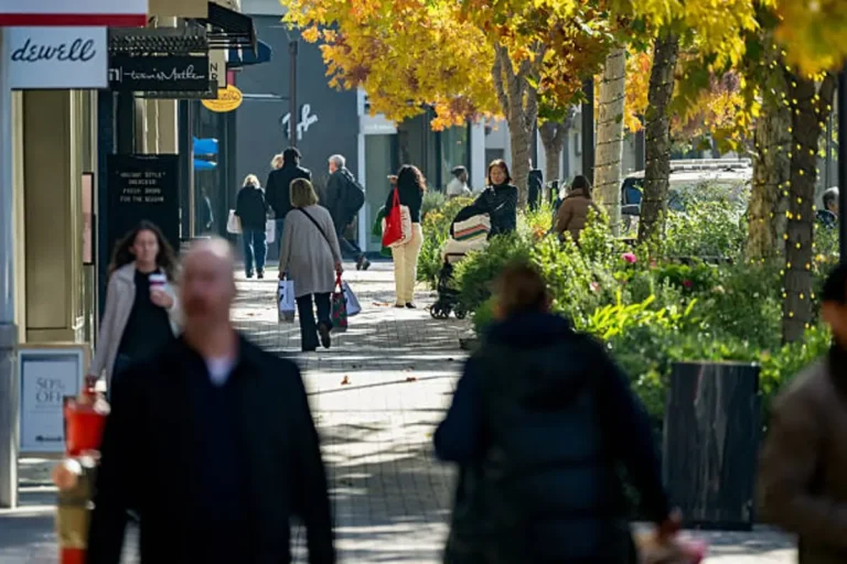 Shoppers navigate crowded California mall during holiday season as US holiday sales climb to record levels under cautious economic sentiment.