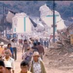 Collapsed buildings and rescue workers after the Guatemala earthquake 1976