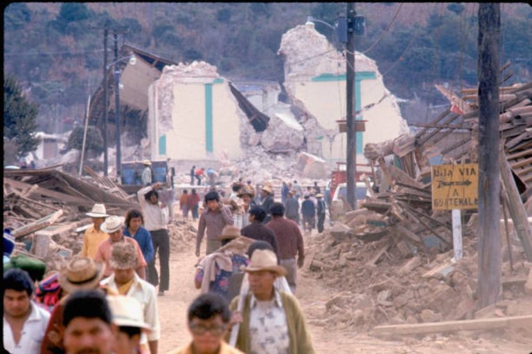 Collapsed buildings and rescue workers after the Guatemala earthquake 1976