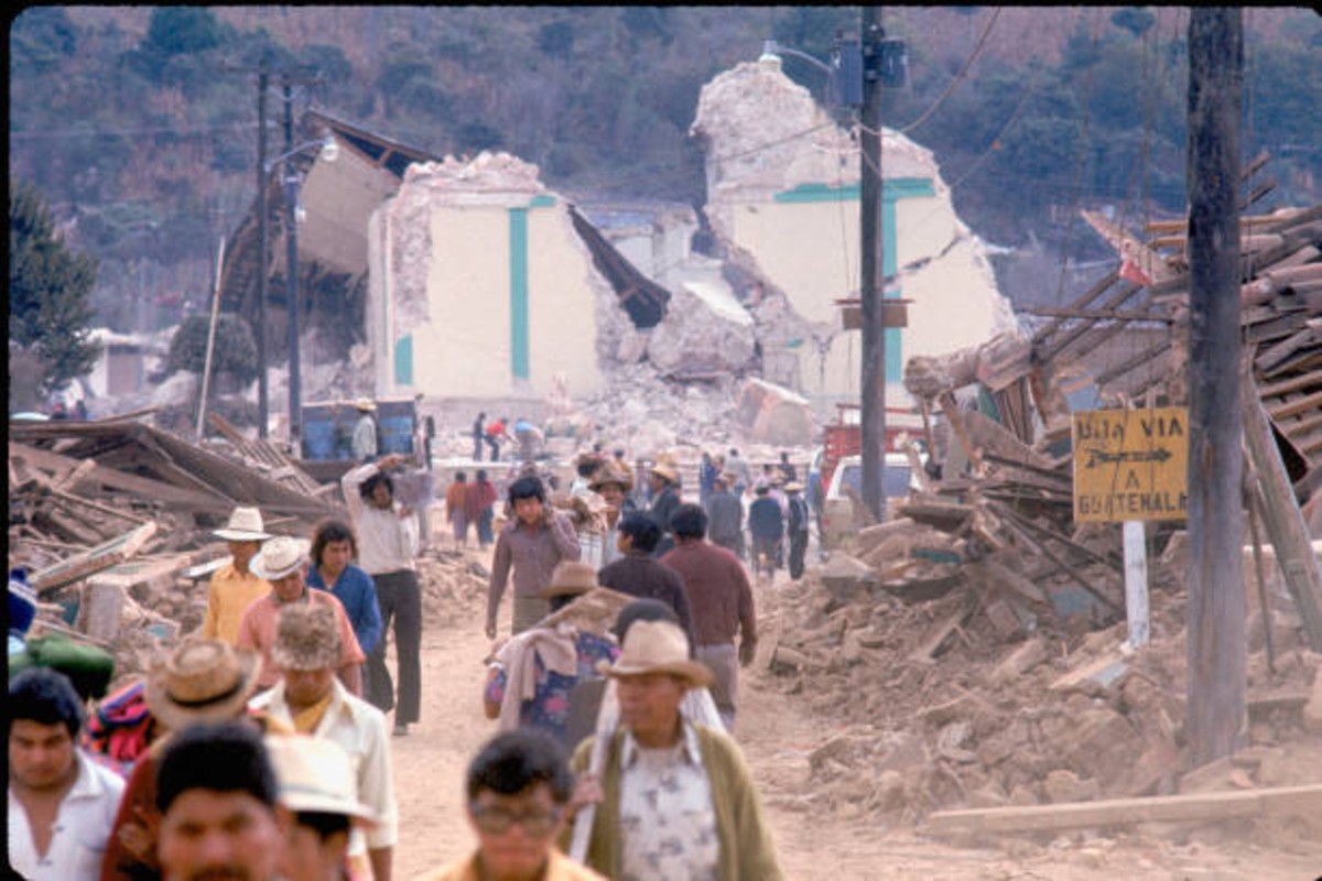 Collapsed buildings and rescue workers after the Guatemala earthquake 1976