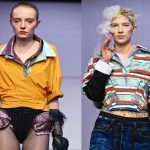 A split image of two models walking the runway at the Central Saint Martins MA Fashion show during London Fashion Week February 2026
