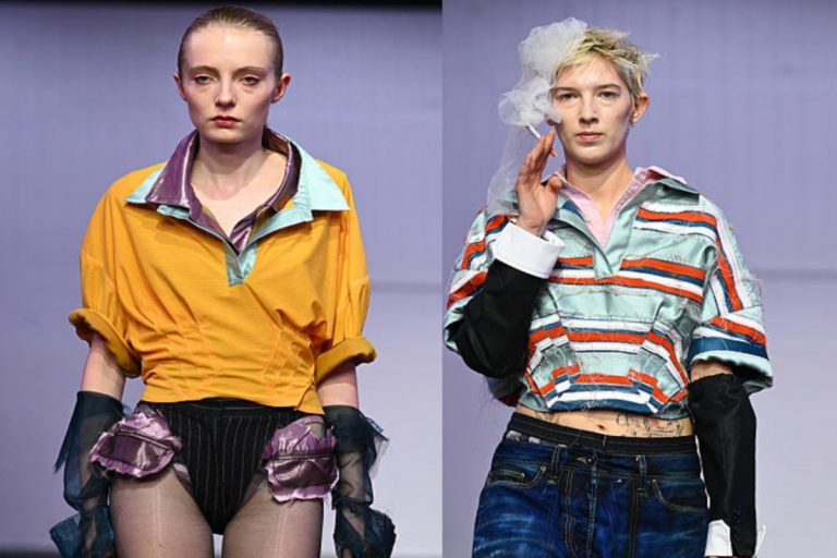 A split image of two models walking the runway at the Central Saint Martins MA Fashion show during London Fashion Week February 2026